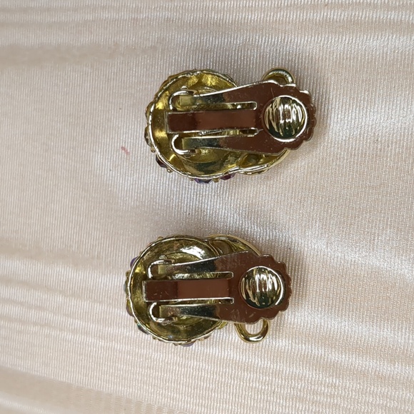 Vintage 60s Ab Crystal Earrings Peach Fruit Clip-on Mid Century - Picture 7 of 10